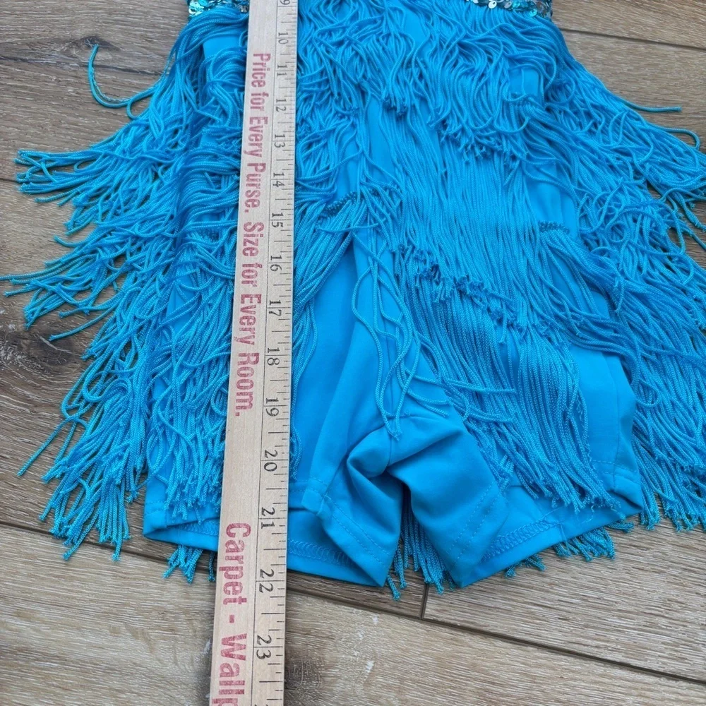 Weissman Showtime Dance Costume 10425 Size SC Blue Fringe Sequins Skating Tap
